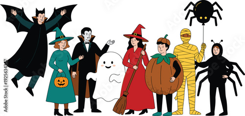Halloween costume characters group illustration, spooky party people dressed as vampire witch pumpkin ghost mummy and spider