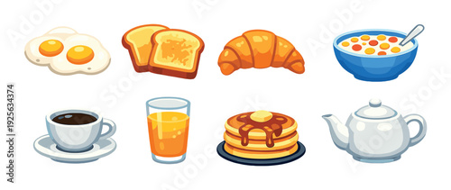 Breakfast foods arranged in two rows on dark background