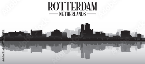 Black and white panoramic poster of the city skyline with misty background buildings and water reflection of ROTTERDAM, NETHERLANDS