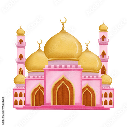 Illustration of a pink mosque with golden domes and minarets