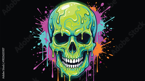 Neon green melting skull illustration, vibrant graffiti style horror artwork with colorful paint splashes on black background