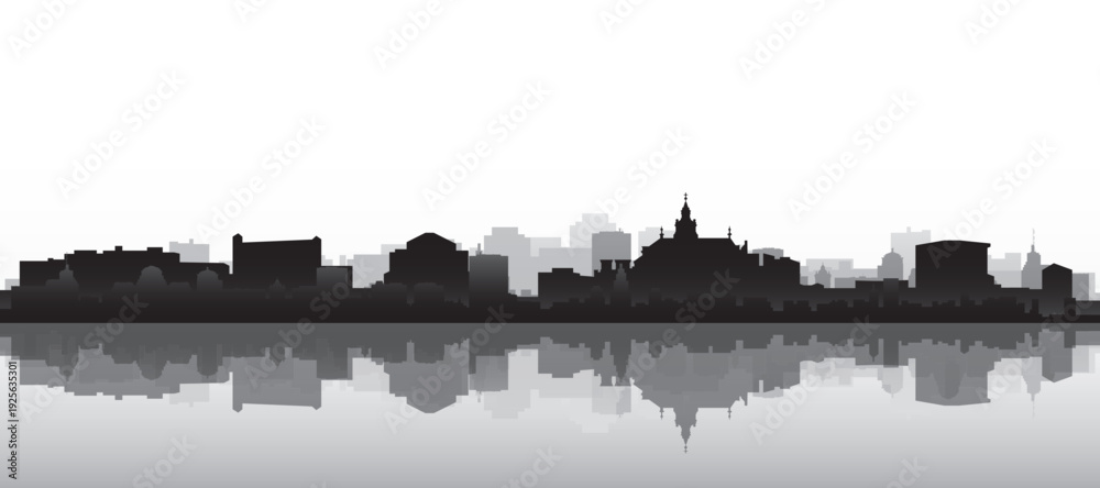 Fototapeta premium Black and white panoramic poster of the city skyline with misty background buildings and water reflection of KRAKOW, POLAND