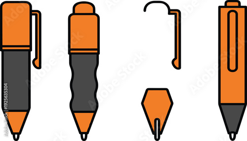 Orange and Black Ballpoint Pen Vector Illustration Set with Different Pen Caps and Body Designs for Office Stationery and Writing