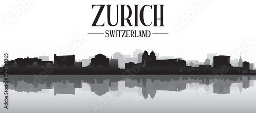 Black and white panoramic poster of the city skyline with misty background buildings and water reflection of ZURICH, SWITZERLAND