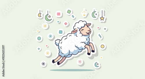Cute cartoon sheep jumping happily surrounded by festive pastel-colored Islamic-themed symbols and shapes, perfect for Eid al-Adha celebrations.