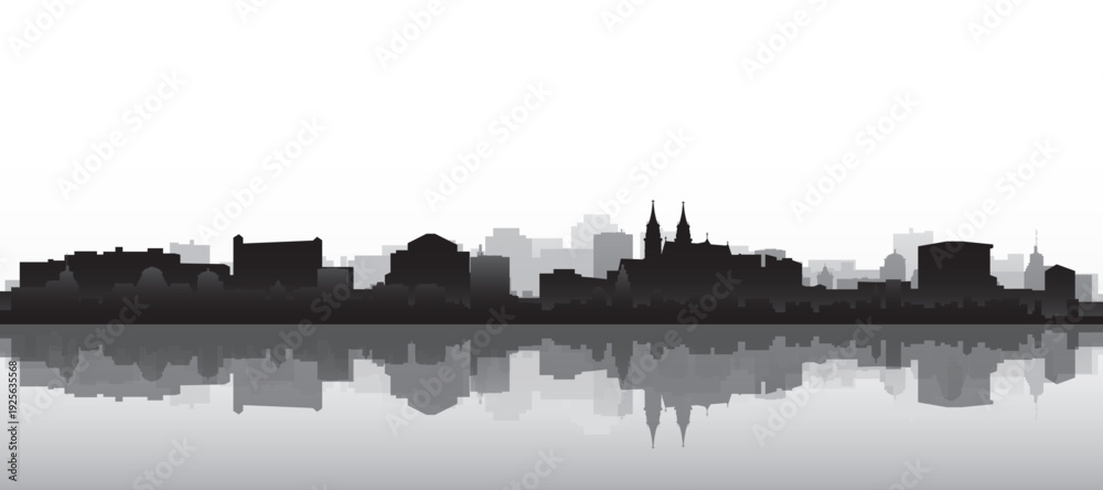 Obraz premium Black and white panoramic poster of the city skyline with misty background buildings and water reflection of BASEL, SWITZERLAND
