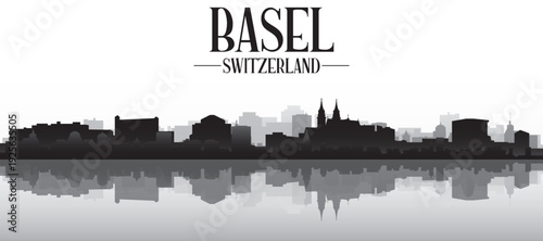 Black and white panoramic poster of the city skyline with misty background buildings and water reflection of BASEL, SWITZERLAND