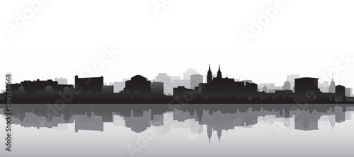 Black and white panoramic poster of the city skyline with misty background buildings and water reflection of BASEL, SWITZERLAND