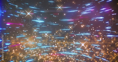 On start cyan streaks sweeping, golden bokeh drifting, star flares flashing, forming looped tunnel