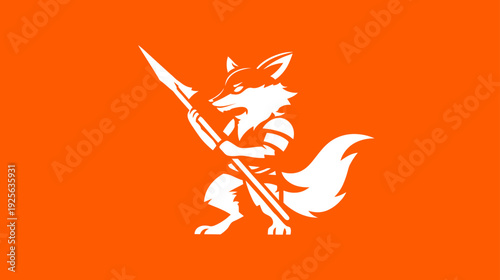 Stylized white fox warrior mascot holding a spear on a vibrant orange background, abstract animal graphic.