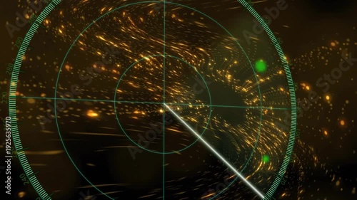 Radar HUD starting sweep rotating clockwise gold dust forming vortex green blip moving mapping scan