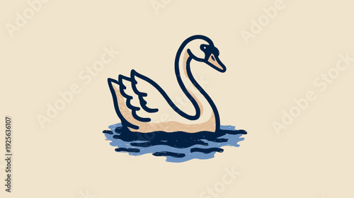 Elegant minimalist swan swimming in blue water. Simple flat design vector illustration of a beautiful white waterfowl bird.
