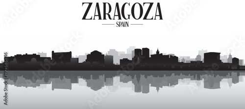 Black and white panoramic poster of the city skyline with misty background buildings and water reflection of ZARAGOZA, SPAIN