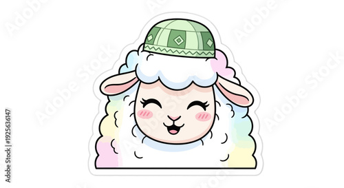Cute cartoon sheep wearing a green patterned cap with rainbow wool and a happy smiling face on a white background.