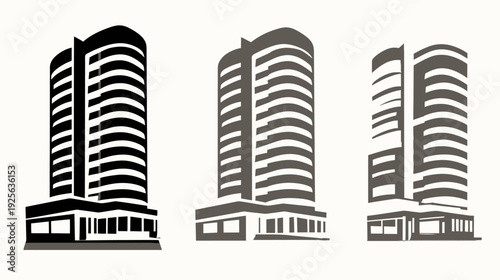 Stylized Modern High-Rise Buildings Vector Illustrations Set. City Architecture, Urban Skyline Design Elements.