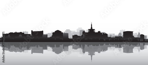 Black and white panoramic poster of the city skyline with misty background buildings and water reflection of BUCHAREST, ROMANIA