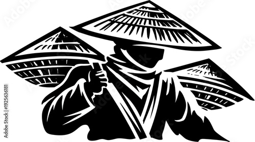 Stylized vector illustration of a person wearing a traditional conical straw hat, carrying additional hats in a graphic woodcut style.