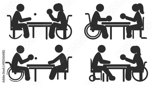 Wheelchair Table Tennis Adaptive Sports Icons: Pictograms of Disabled Individuals Playing Ping Pong