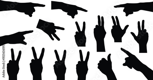 Black silhouette hands showing gestures isolated on white background, pointing fingers, peace sign, counting numbers, human communication concept, design resource