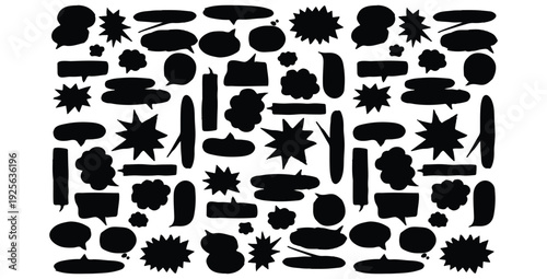 Collection of varied hand drawn black speech bubbles and comic style callouts in different abstract shapes scattered across a white background for messaging design