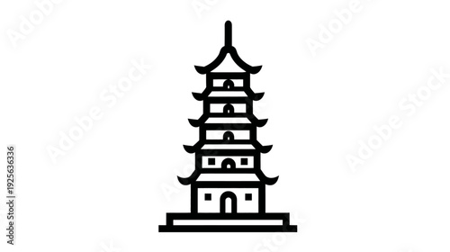 Traditional Asian Pagoda building icon. Multi-tiered temple structure line art vector illustration for travel and cultural design.