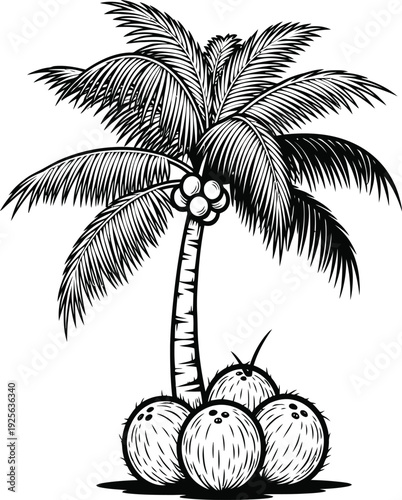 A simple black and white drawing of a coconut palm tree with coconuts.