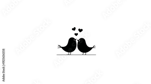 Cute black silhouette lovebirds kissing with hearts illustration on white background, symbol of romance and affection.