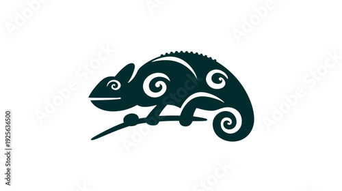 Stylized dark green chameleon vector illustration perched on a branch with decorative swirl patterns. Artistic reptile graphic design, isolated.