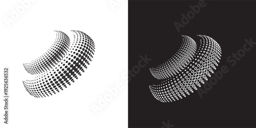 Modern abstract background. Halftone dots in circle form. Round logo. Vector dotted frame. Design element or icon. Black shape on a white background and the same white shape on the black side.