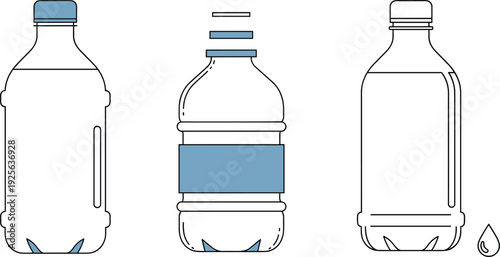 Plastic Water Bottle Vector Illustration Set with Blue Mineral Water Bottles and Drop Icon for Refreshment and Hydration Design