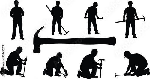 Construction, worker, silhouette, hammer, builder, labor, industry, tool, repair, maintenance, carpenter, handyman, work, black, isolated, vector, illustration, set, collection, equipment