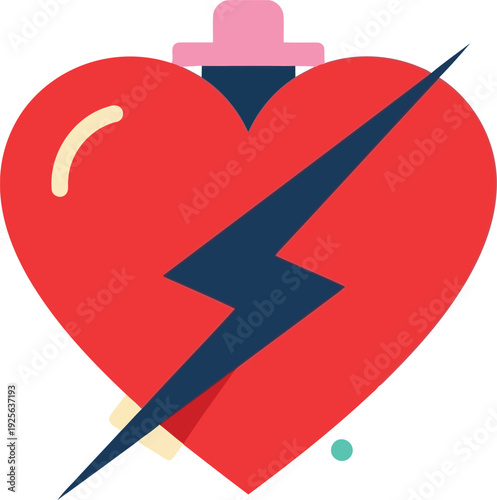 Flat vector broken heart with lightning bolt symbolizing heartbreak, emotional pain, and relationship issues