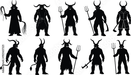 Demon, devil, silhouette, monster, horned, evil, dark, fantasy, creature, halloween, horror, spooky, black, isolated, vector, illustration, set, collection, myth, scary