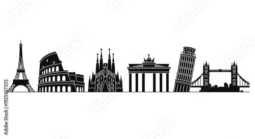 Famous Landmarks Silhouetted Against White Background.