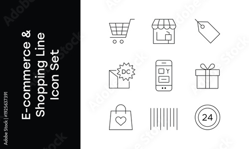 Clean and modern e-commerce line icon set featuring shopping cart, online store, price tag, gift box, barcode, mobile shopping, customer service and retail icons. Ideal for online shops, apps, website