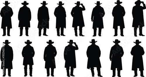 Cowboy, silhouette, western, man, hat, rancher, cowboy, wildwest, texas, america, character, figure, vintage, black, isolated, collection, set, vector, illustration, classic