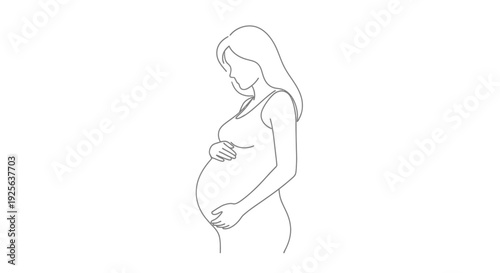 Pregnant Woman Holding Belly Line Drawing.