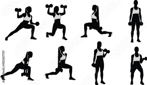 Fitness, workout, silhouette, woman, exercise, dumbbell, training, strength, gym, sport, athlete, healthy, lifestyle, muscle, black, isolated, vector, illustration, set, collection