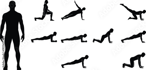 Fitness exercise silhouette collection isolated on white background, bodyweight workout poses, push up plank variations, strength training, athletic training design resource set