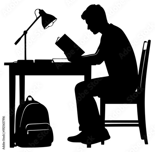 A silhouette of a man sitting at a desk reading a book, with a backpack beside him, book, chair, computer, lamp, man, profile, read, sit, stool, table, table lamp, against transparent background