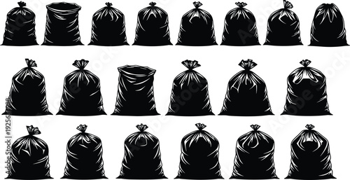 Garbage, bag, silhouette, trash, waste, rubbish, plastic, sack, disposal, sanitation, recycle, environment, black, isolated, vector, illustration, set, collection, cleanup, refuse