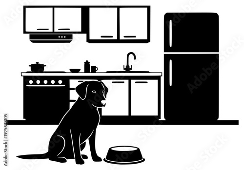 itchen with a bowl, appliance, black, dish washer, dog, dog food, food, home appliance, illustration, kitchen, kitchen counter, laboratory, microwave, pet, profile, sit, against transparent background