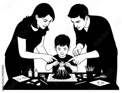  playing with a small child at a table, black, boy, child, craft, create, cut, family, father, illustration, job, make, man, mother, scissors, table, teach, tool, woman, against transparent background