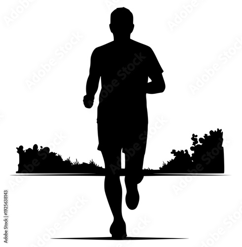 A silhouette of a man jogging in a park setting, jog, man, person, profile, run, walk, against transparent background