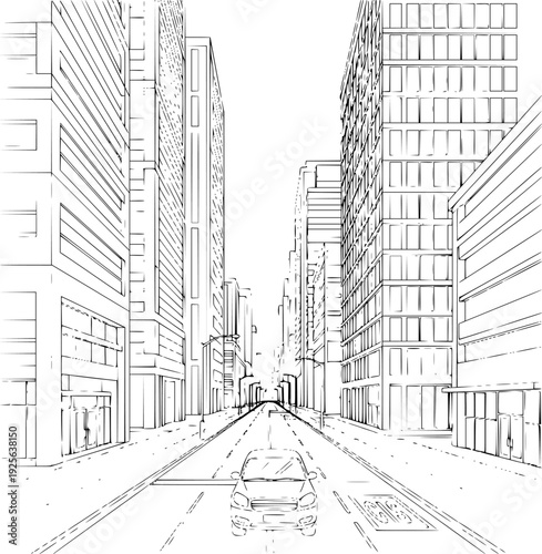 Black and white line of a car driving down a city street lined with tall buildings