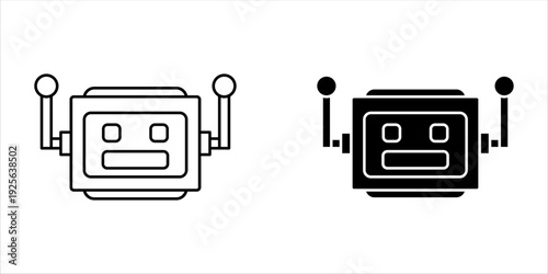 Robot head icon bundle with flat, outline, and solid styles. Retro futuristic AI chatbot assistant vector collection for tech support, artificial intelligence, and virtual agent interface.