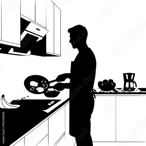 pliance, apron, black, cook, counter top, exhaust hood, food, fry, frying pan, home appliance, illustration, kitchen, kitchen counter, man, pan, pancake, profile, stand, against transparent background