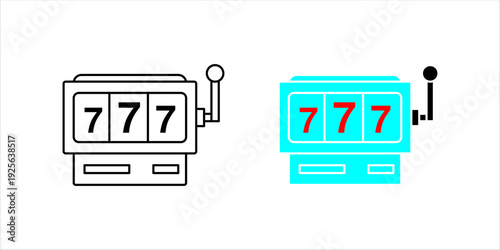 Lucky 777 slot machine jackpot icon set. Minimalist line art and vibrant cyan flat style for casino gambling, online betting apps, and gaming UI design.