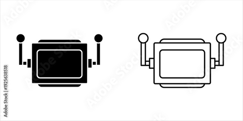 Robot head icon collection with faces and blank screen displays in flat, outline, and cyan styles for AI chatbot interface design.