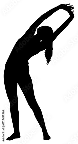 A silhouette of a woman performing a yoga pose, arm, athletic, bend, black, dance, girl, pose, profile, stretch, woman, against transparent background